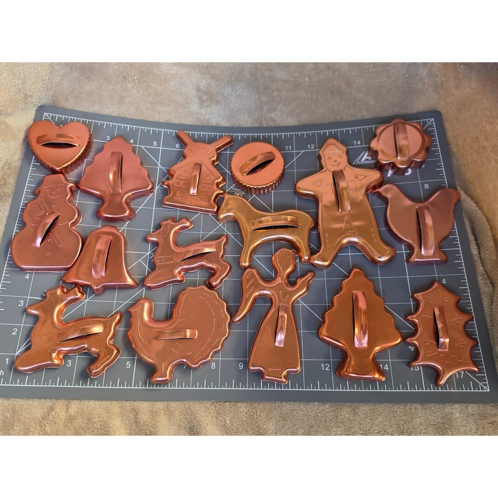 Vintage Copper Colored Aluminum Cookie Cutter Set 14pc Holiday Christmas Shapes